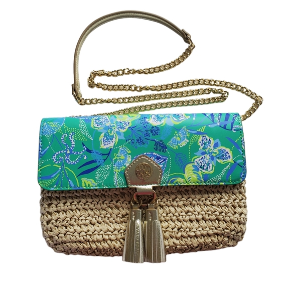 Lilly Pulitzer Straw Crossbody Botanical Green In A Flutter Clutch - Picture 1 of 16